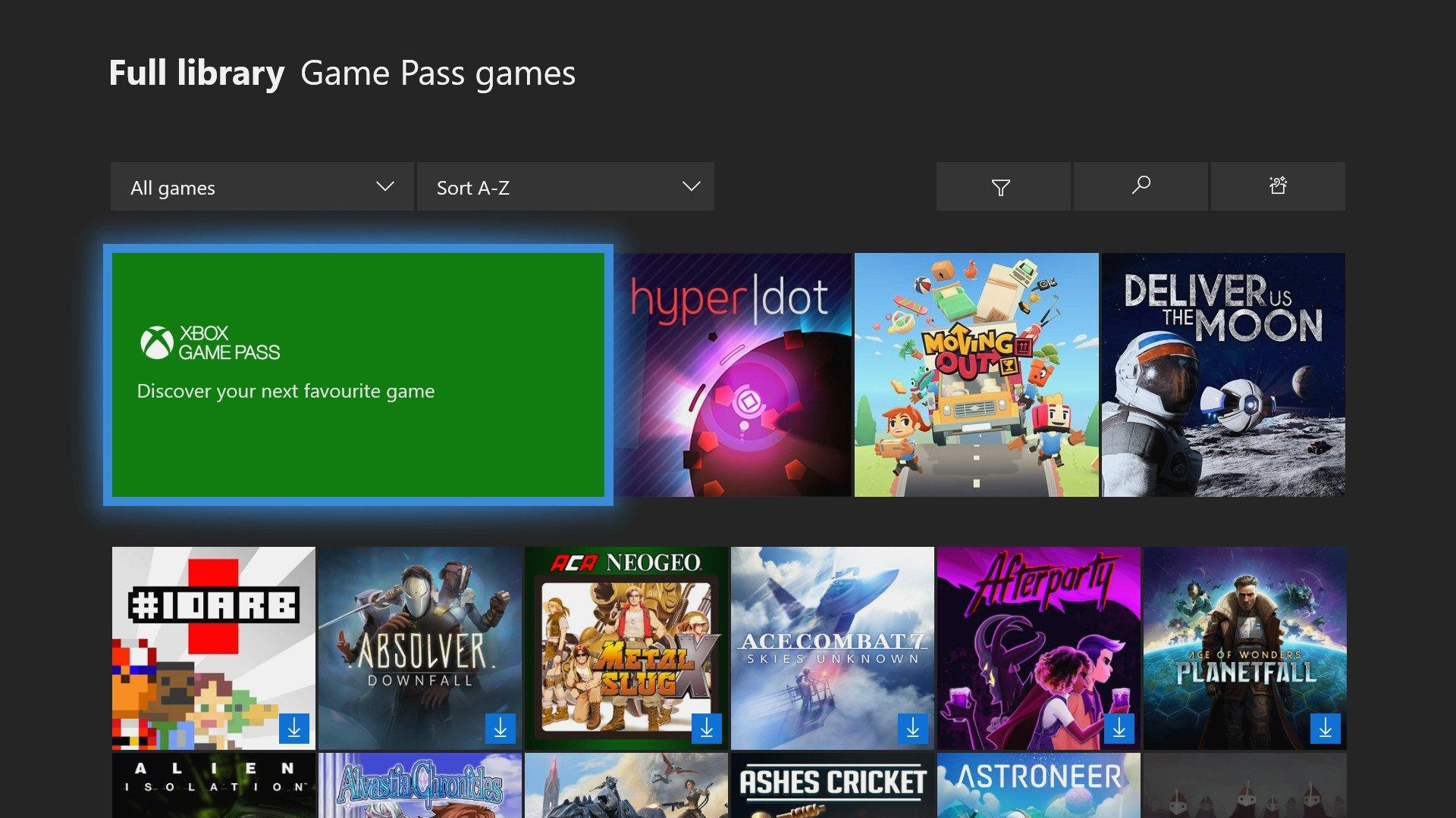 Xbox Game Pass dashboard showing game library on console interface