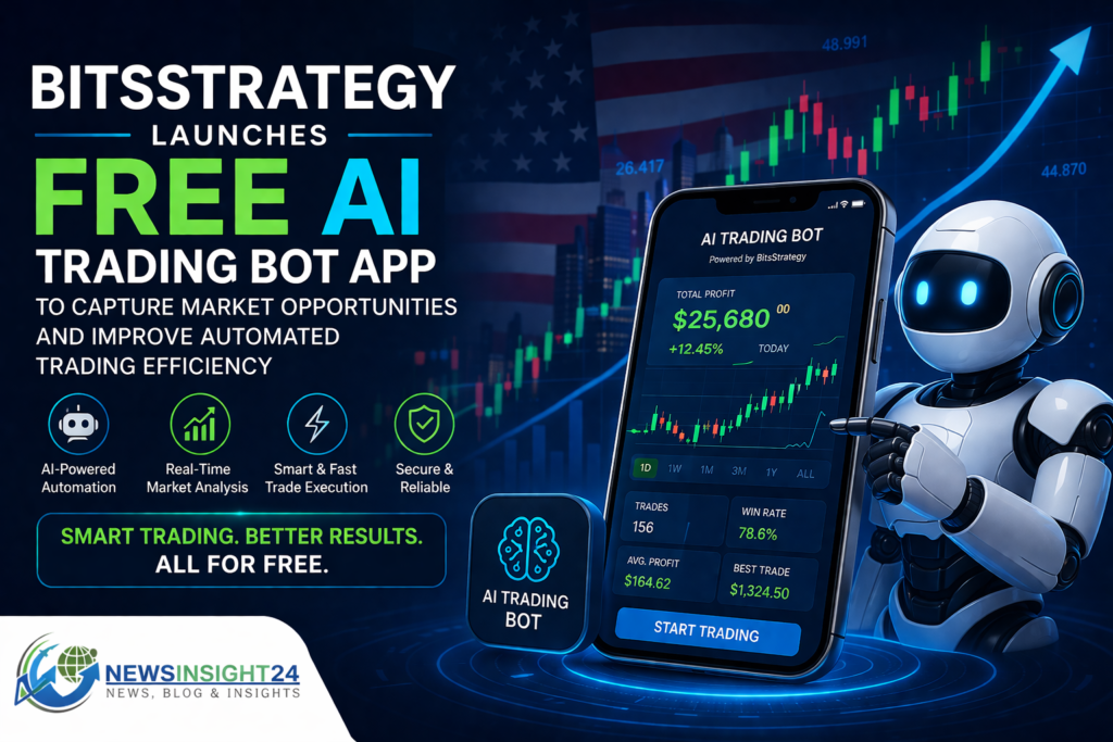 AI trading bot app by BitsStrategy showing automated market analysis, stock charts, and smart trading features for U.S. investors