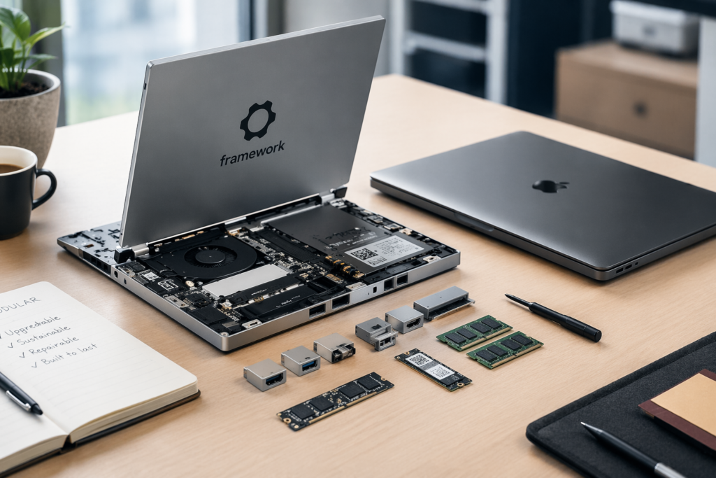 Modular Framework Laptop 13 Pro with internal components like RAM, SSD, and swappable ports displayed on a modern workspace desk
