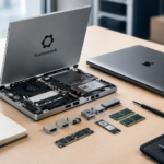 Modular Framework Laptop 13 Pro with internal components like RAM, SSD, and swappable ports displayed on a modern workspace desk