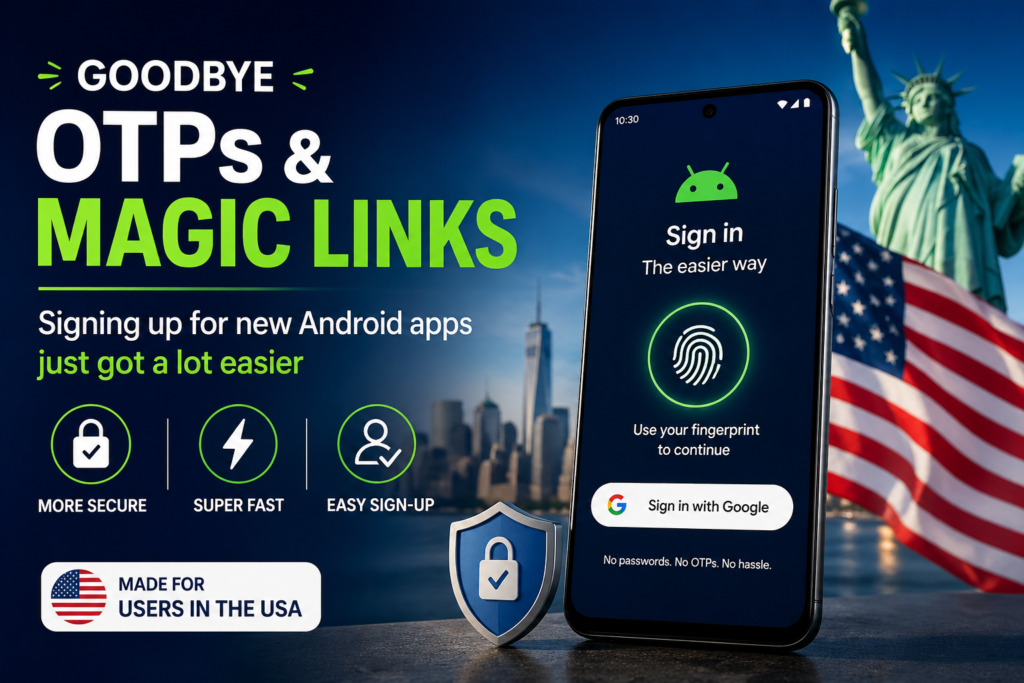 Android passkey login system replacing OTP and magic links for faster and secure app sign up in the USA