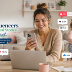 Mom influencers creating content at home using smartphone and laptop with social media engagement icons