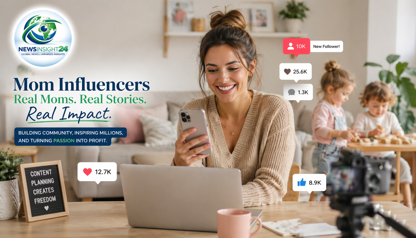 Mom influencers creating content at home using smartphone and laptop with social media engagement icons
