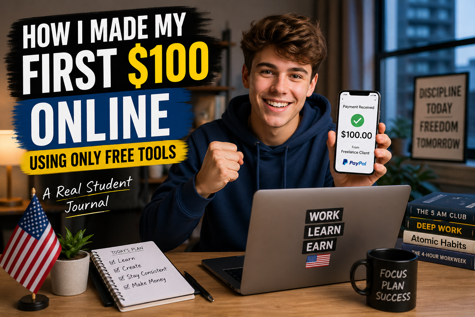 how to make money online as a beginner in the US student earning first $100 using free tools