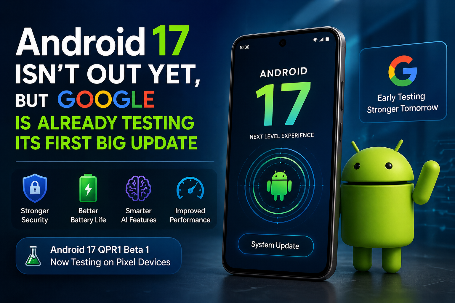 Android 17 update showing Google testing new features like better performance, security, and AI improvements