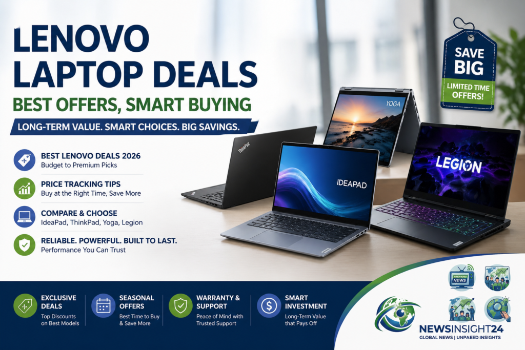 Lenovo laptop deals 2026 banner showing IdeaPad, ThinkPad, Yoga and Legion models with best offers and price tracking tips