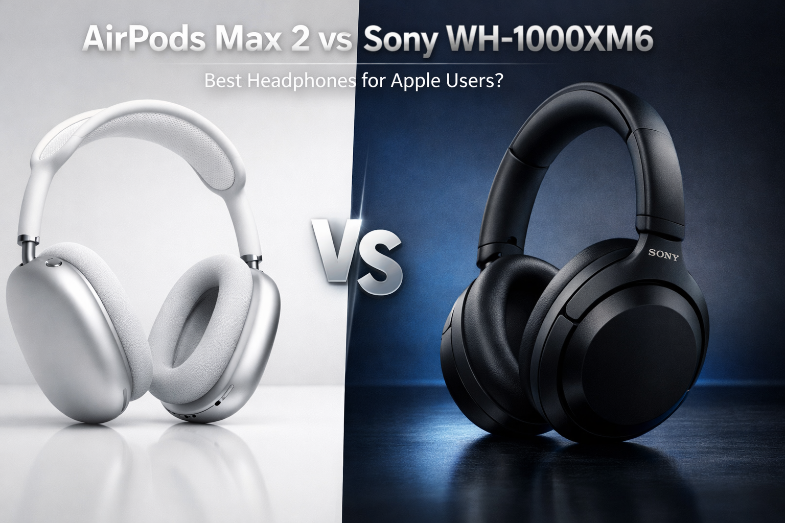 Apple AirPods Max 2 vs Sony WH-1000XM6 comparison image showing premium over-ear headphones side by side