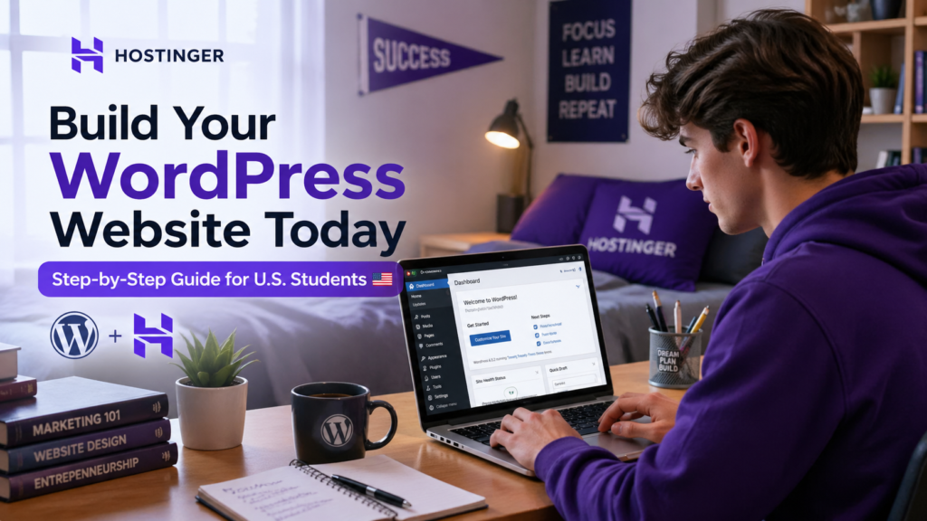 American college student creating a WordPress website on Hostinger using a laptop in a modern dorm room