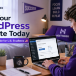 American college student creating a WordPress website on Hostinger using a laptop in a modern dorm room