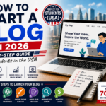 How to start a blog in 2026 tutorial thumbnail with laptop and blogging tools