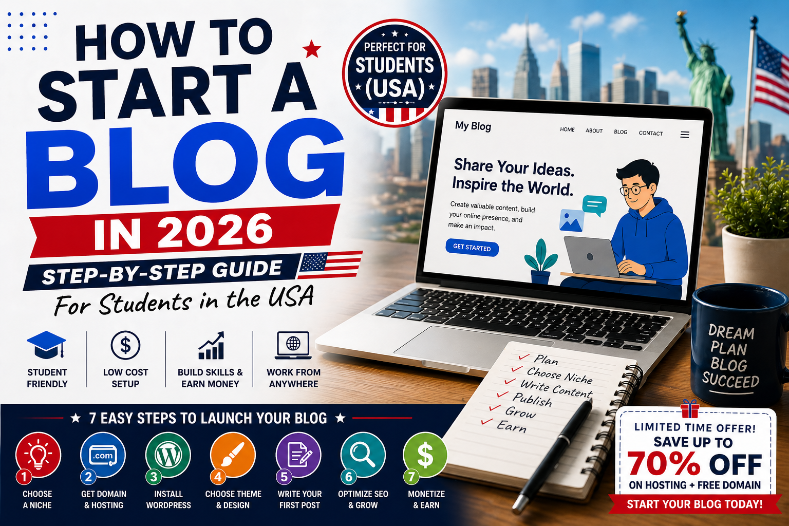 How to start a blog in 2026 tutorial thumbnail with laptop and blogging tools