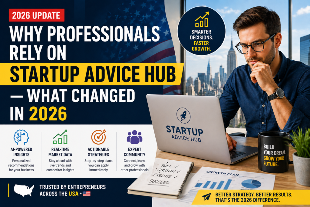Startup Advice Hub 2026 showing business professionals using AI-driven strategies and market insights for faster growth in the USA