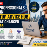 Startup Advice Hub 2026 showing business professionals using AI-driven strategies and market insights for faster growth in the USA
