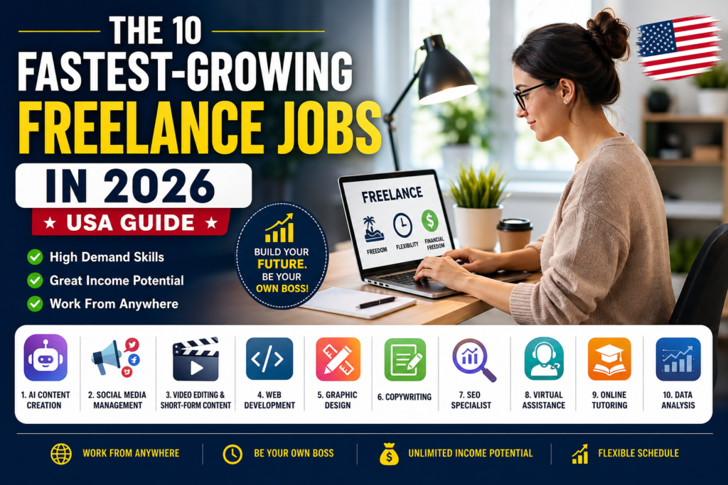 10 fastest growing freelance jobs in 2026 USA showing remote work opportunities and high income online careers