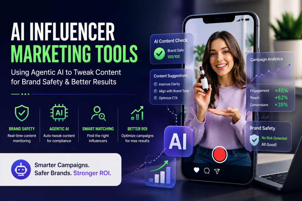 AI influencer marketing tools dashboard showing brand safety monitoring and agentic AI content optimization