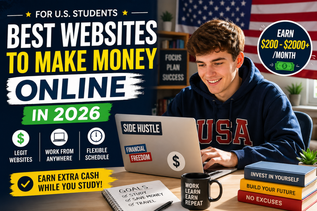 Best websites to make money online for students in the USA showing side hustles and earning opportunities in 2026