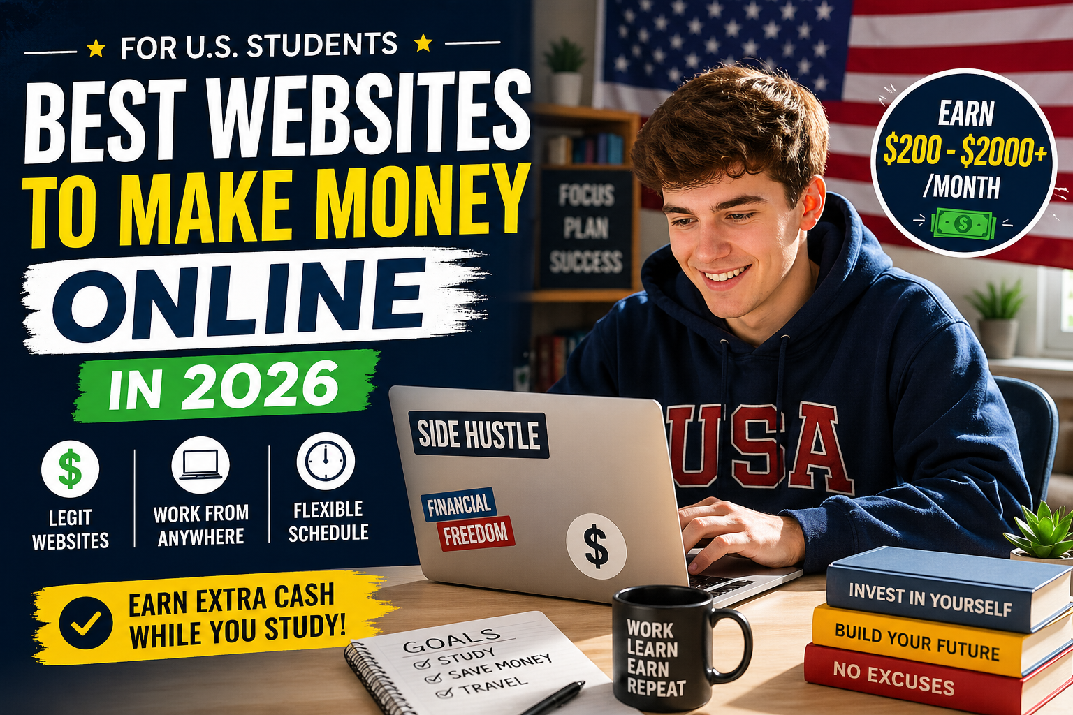 Best websites to make money online for students in the USA showing side hustles and earning opportunities in 2026