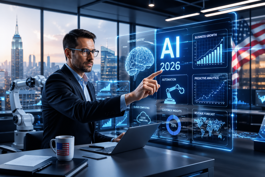 Future of AI in the US 2026 showing a business owner using artificial intelligence dashboard and automation technology