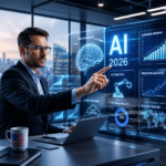Future of AI in the US 2026 showing a business owner using artificial intelligence dashboard and automation technology
