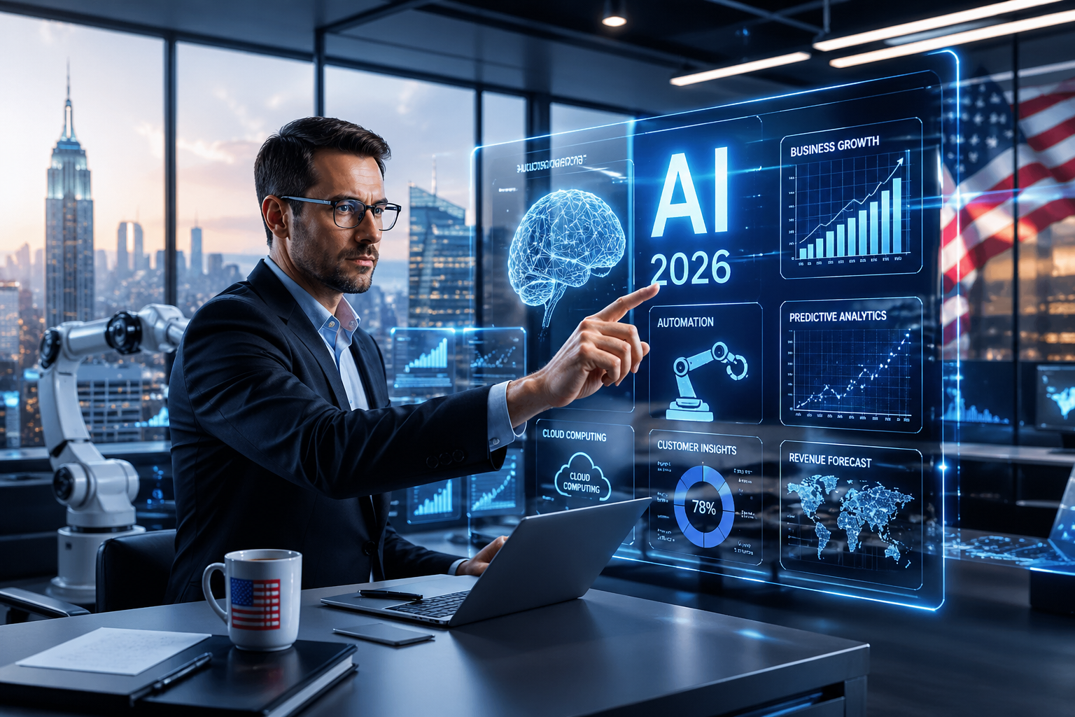 Future of AI in the US 2026 showing a business owner using artificial intelligence dashboard and automation technology