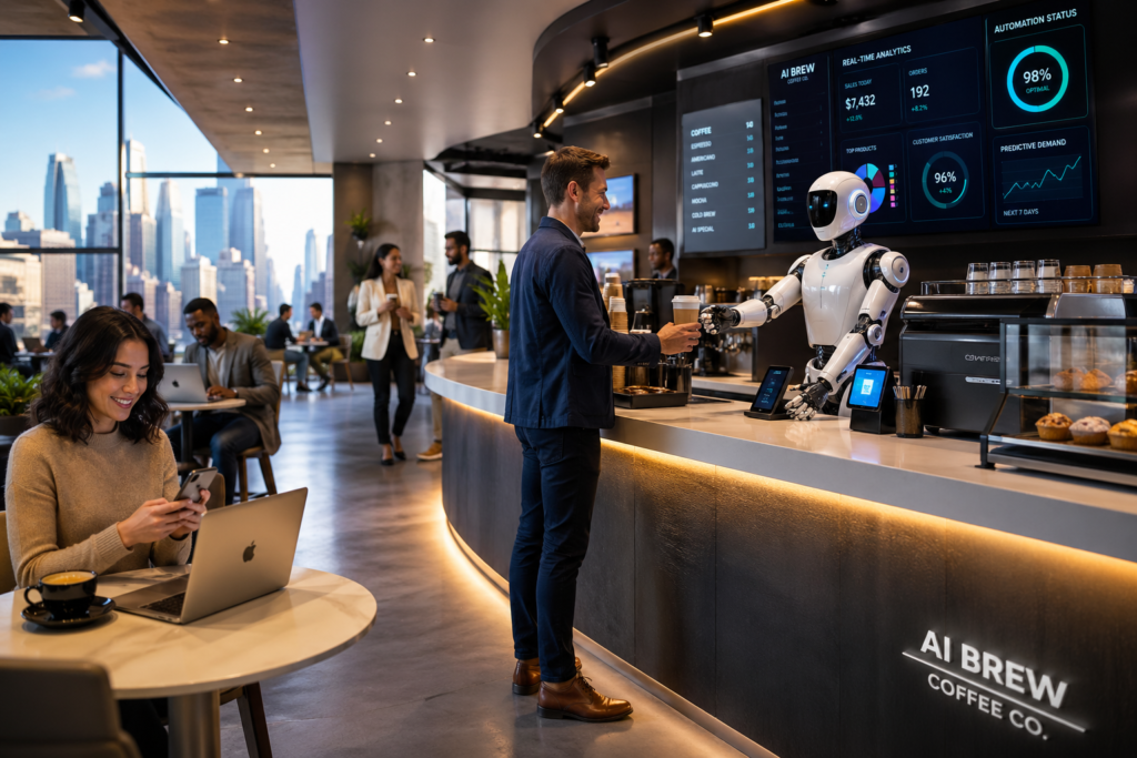 AI café with robot barista serving coffee in a modern smart workspace.