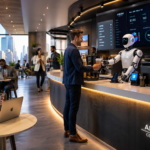 AI café with robot barista serving coffee in a modern smart workspace.