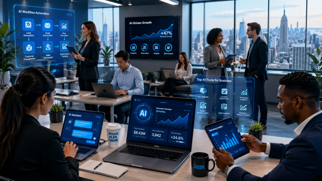 Best AI tools for business 2026 used by U.S. entrepreneurs with AI dashboards and automation technology