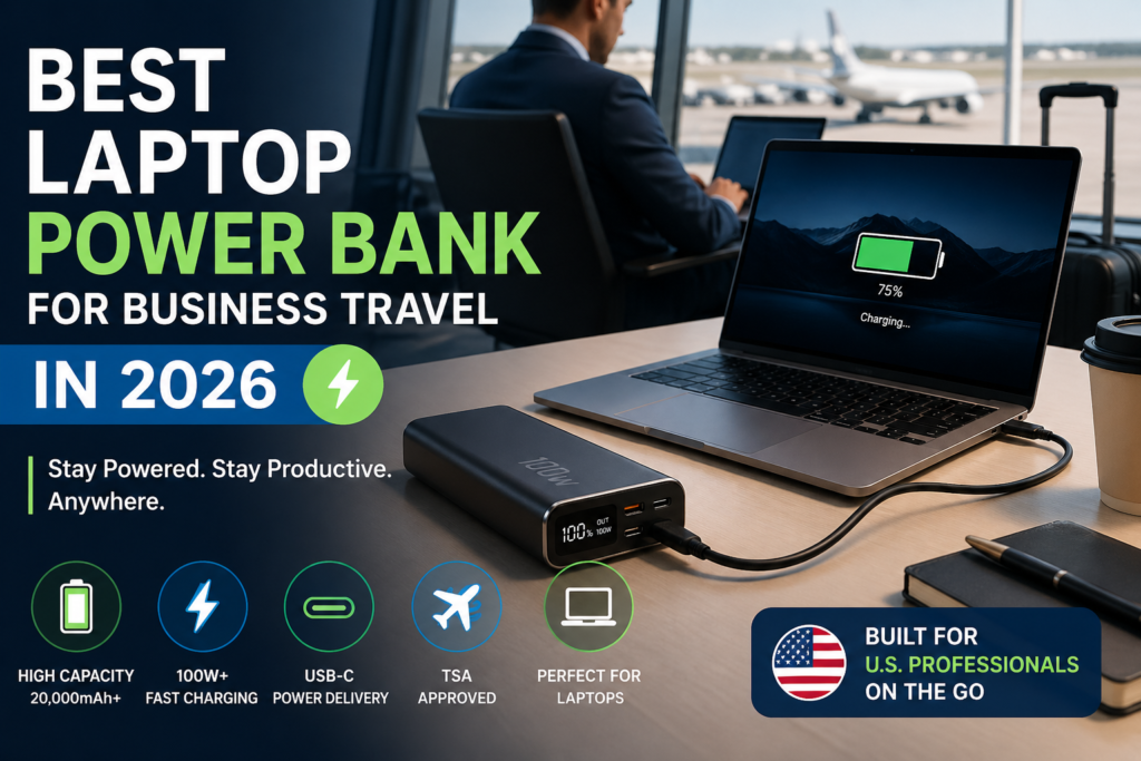 Best laptop power bank for business travel in 2026 charging a laptop at an airport