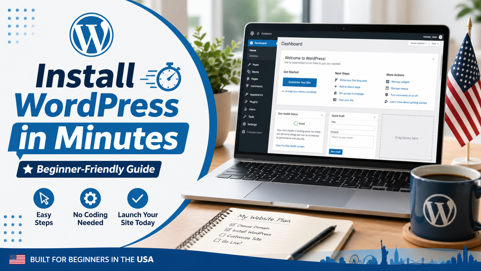 How to install WordPress for beginners in the USA step-by-step tutorial on laptop dashboard