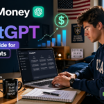 American college student using ChatGPT to make money online in a dorm room