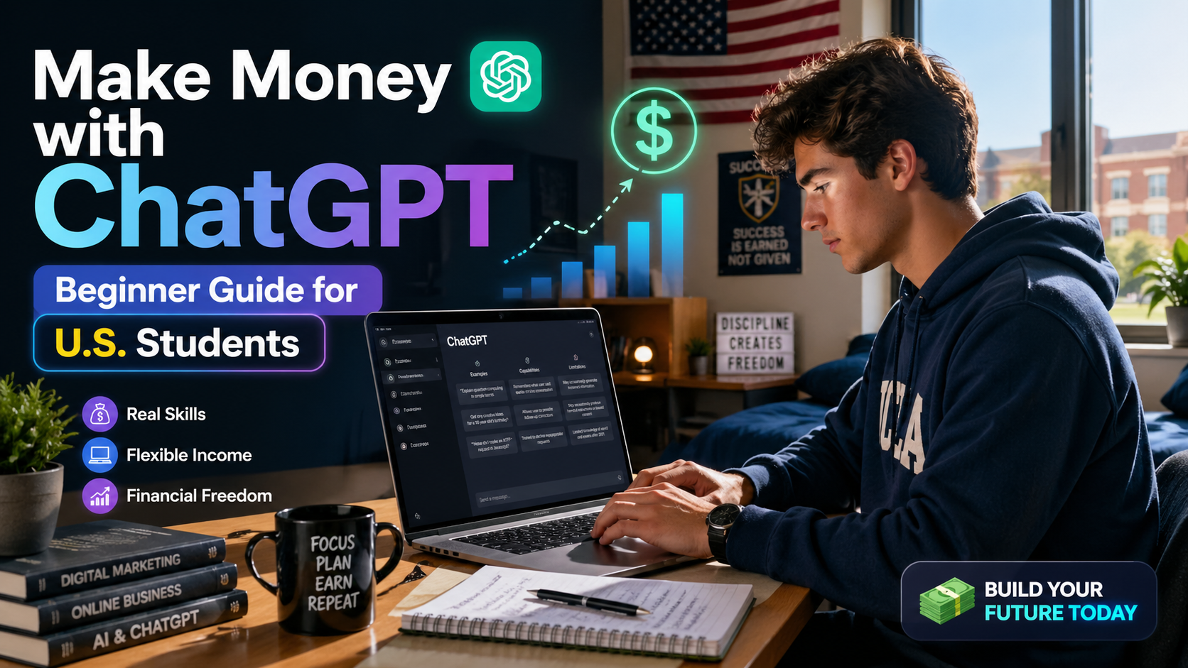American college student using ChatGPT to make money online in a dorm room