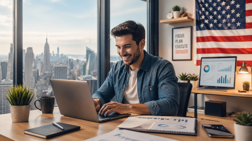 How to start a business in the USA in 2026 – entrepreneur working on startup from home office