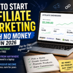 YouTube-style feature image showing a laptop with an affiliate dashboard, bold text about starting affiliate marketing with no money in 2026, and icons highlighting passive income, remote work, and free startup methods.