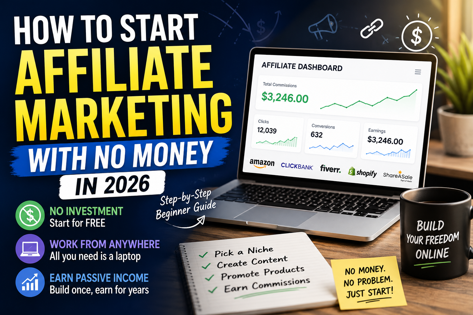 YouTube-style feature image showing a laptop with an affiliate dashboard, bold text about starting affiliate marketing with no money in 2026, and icons highlighting passive income, remote work, and free startup methods.
