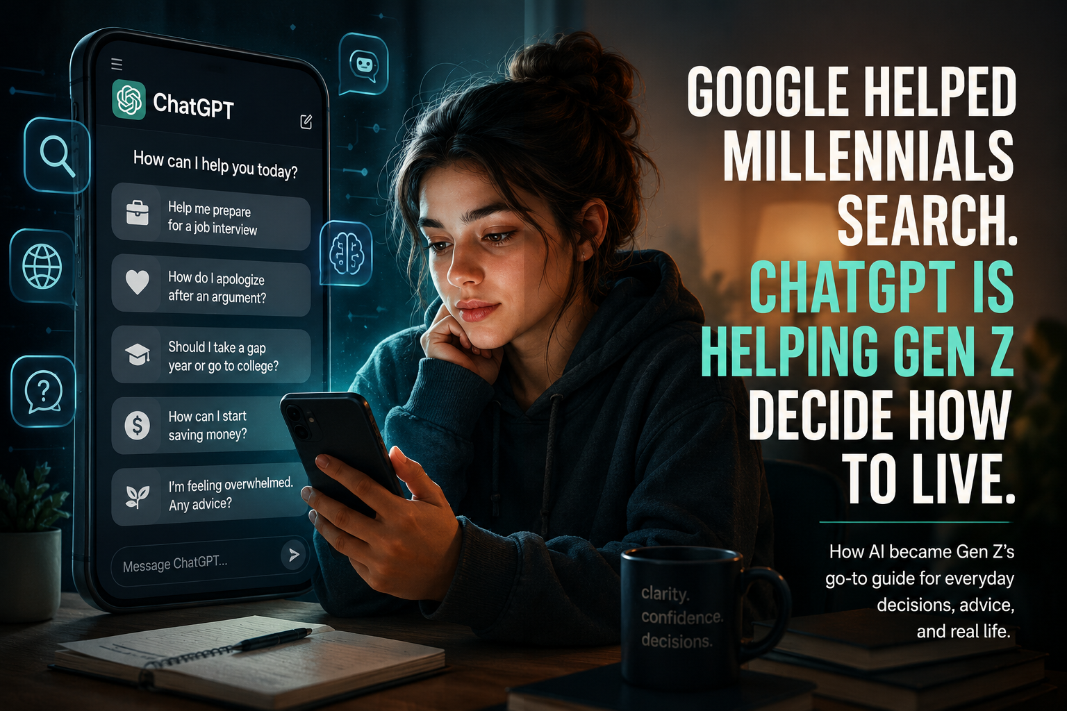 Young Gen Z woman using ChatGPT on her phone late at night for advice and decision-making, representing AI as a daily life assistant.