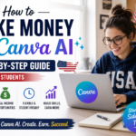 U.S. college student using Canva AI to earn money online through freelancing and digital side hustles