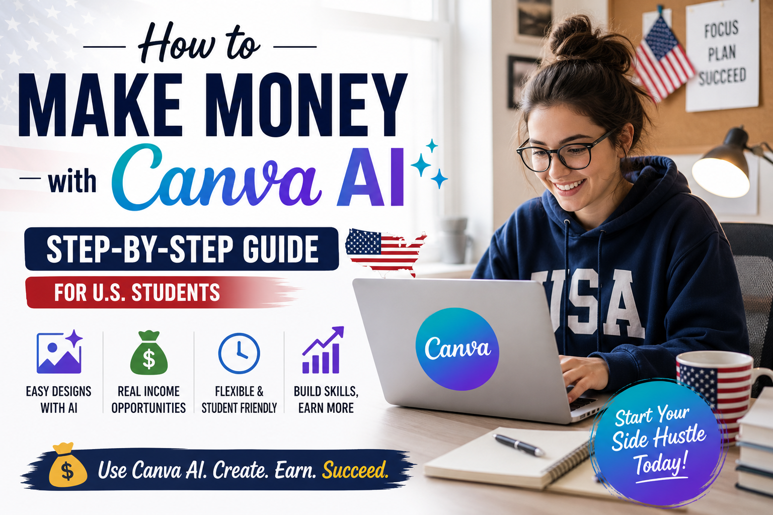 U.S. college student using Canva AI to earn money online through freelancing and digital side hustles