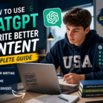 U.S. college student using ChatGPT on laptop to write essays and improve academic writing skills