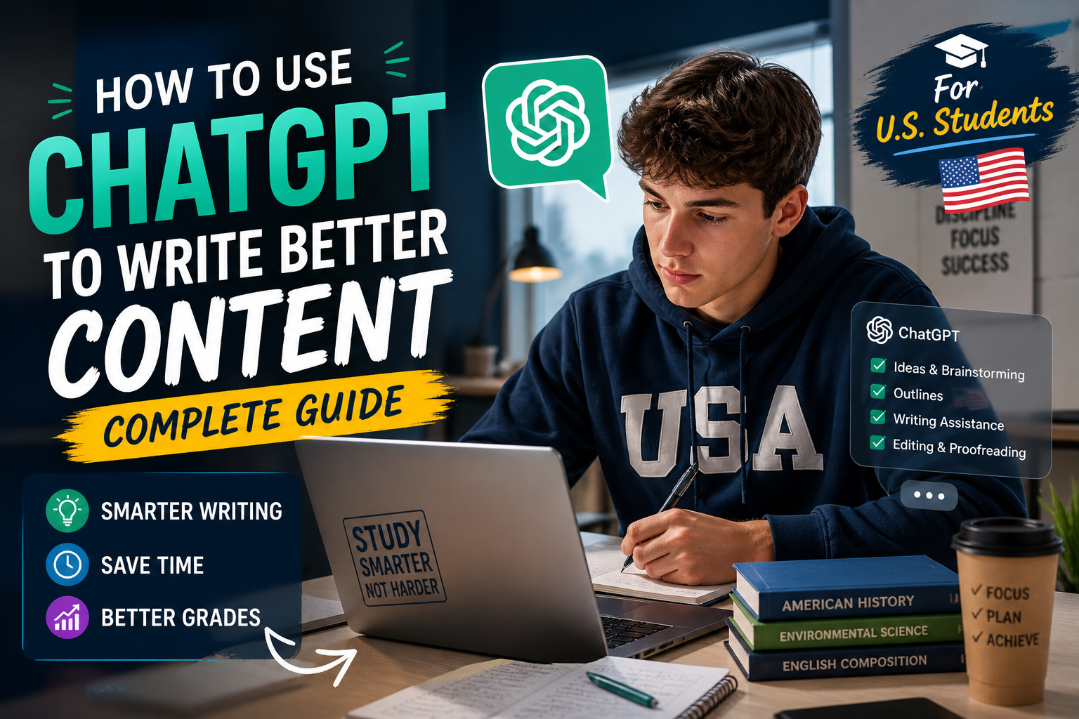 U.S. college student using ChatGPT on laptop to write essays and improve academic writing skills
