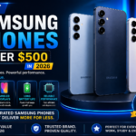 Feature image showing three Samsung Galaxy smartphones with bold text reading “Best Samsung Phones Under $500 in 2026” on a blue tech-themed background.