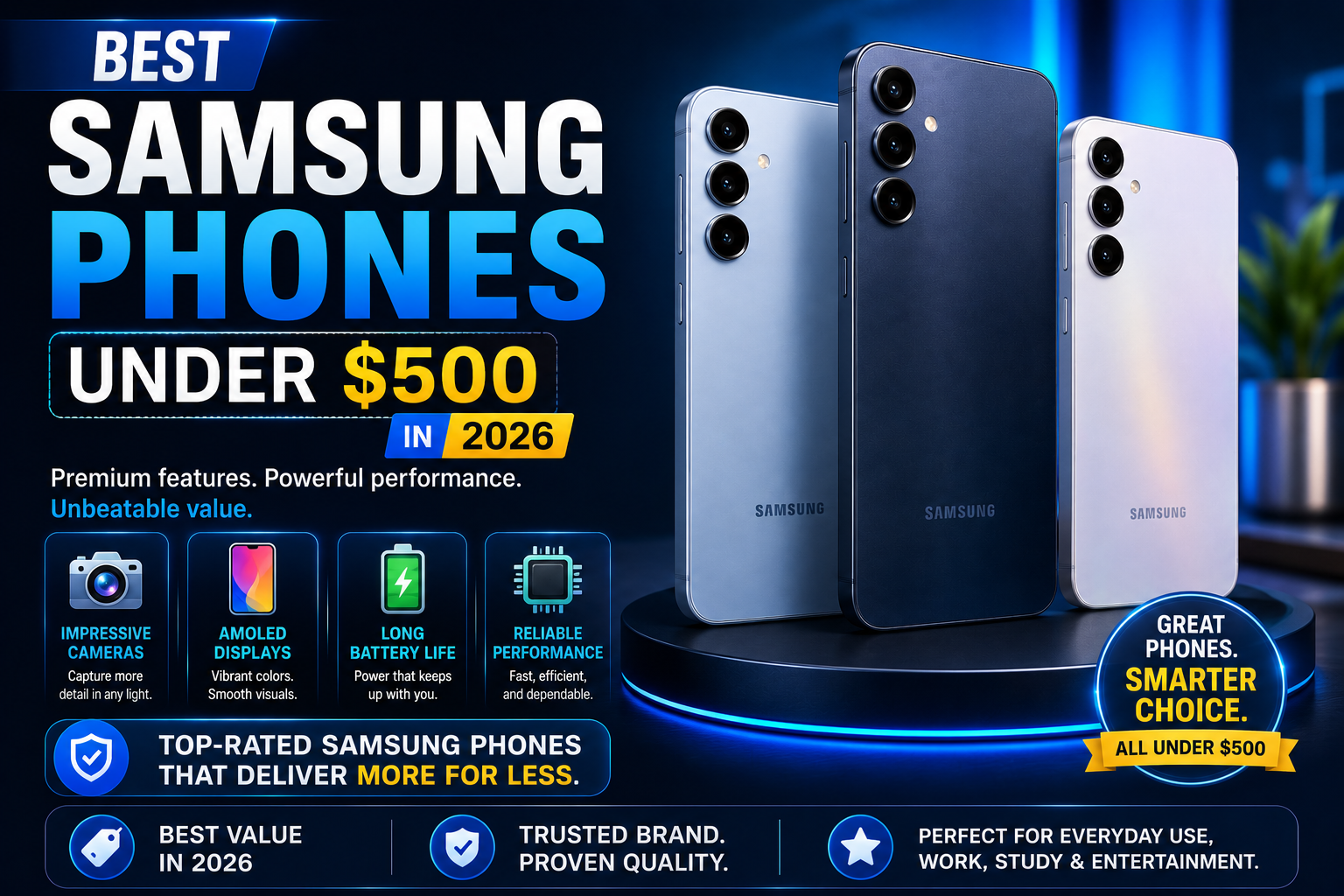 Feature image showing three Samsung Galaxy smartphones with bold text reading “Best Samsung Phones Under $500 in 2026” on a blue tech-themed background.