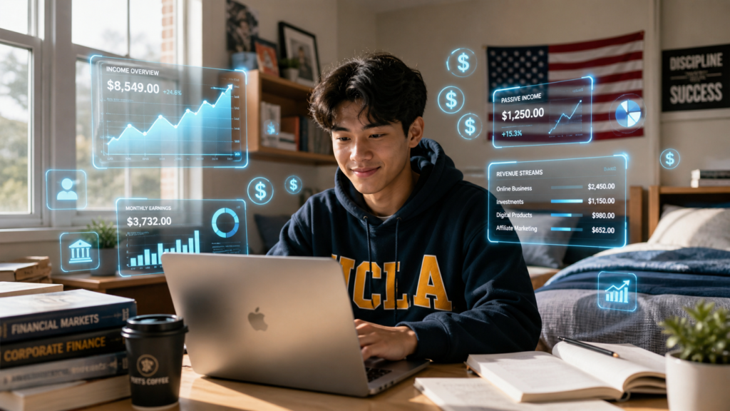 College student using AI tools to grow online income in dorm room