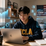 College student using AI tools to grow online income in dorm room